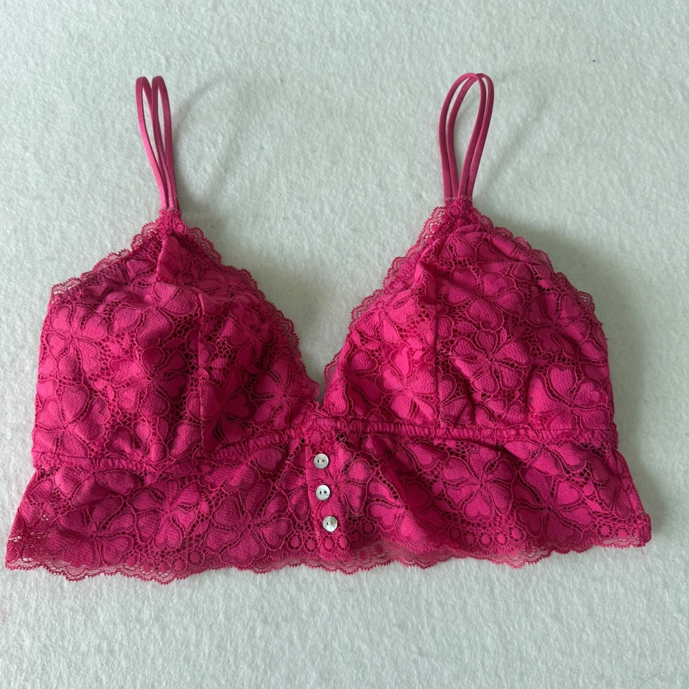 Flirtitude Lace Bralette Women Large Hot Pink Floral Button Detail Adjustable